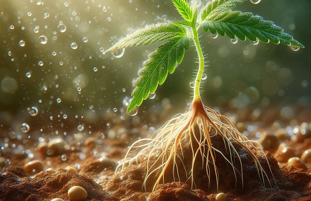Une illustration exagérée montrant une graine de cannabis en train de germer sous une douce lumière