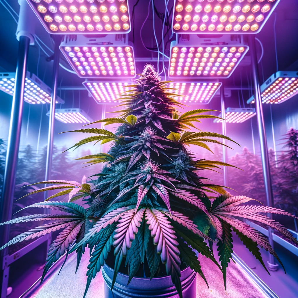 Illustration représentant des plants de cannabis avec éclairages LED