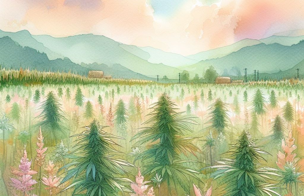 une aquarelle représentant un champs de culture de cannabis