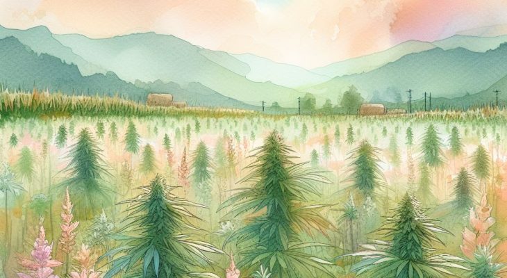 une aquarelle représentant un champs de culture de cannabis