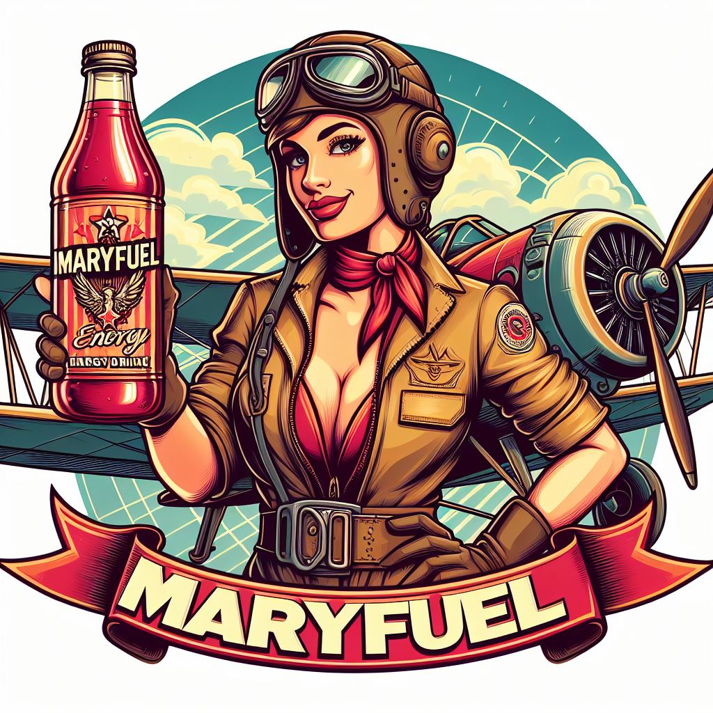 Illustration représentant une aviatrice présentant une bouteille de maryfuel
