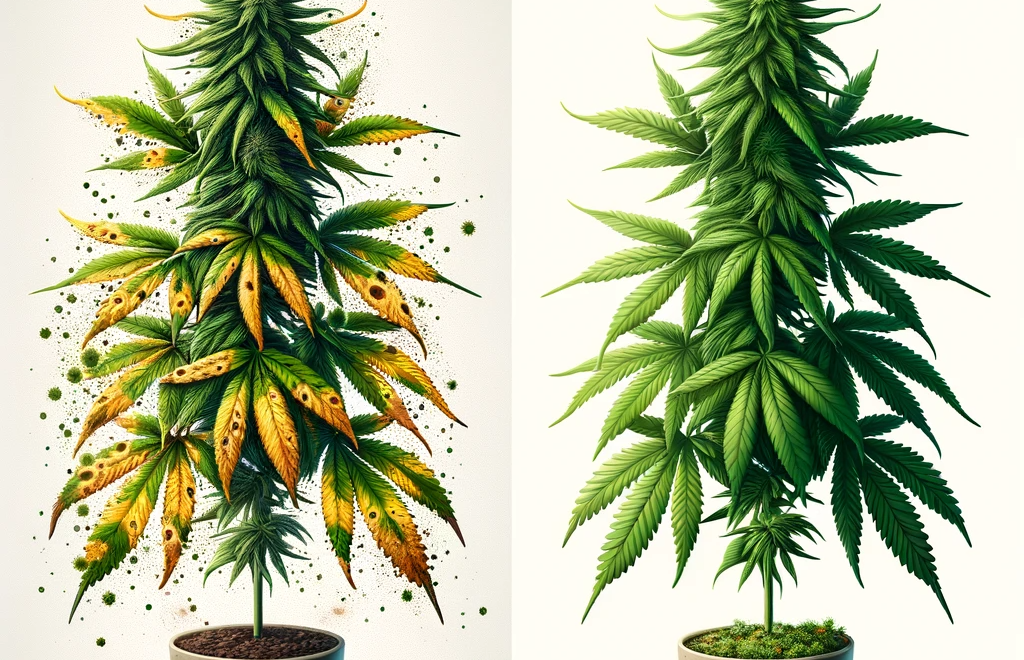 Illustration montrant un plan malade et un plan sain de cannabis