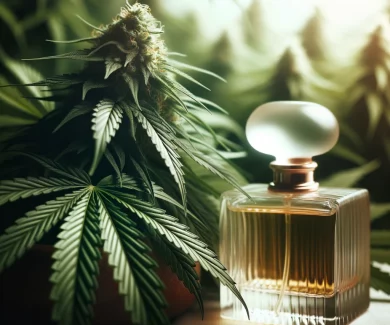 gros plan d'un flacon de parfum au cannabis à coté d'une tête de marijuana