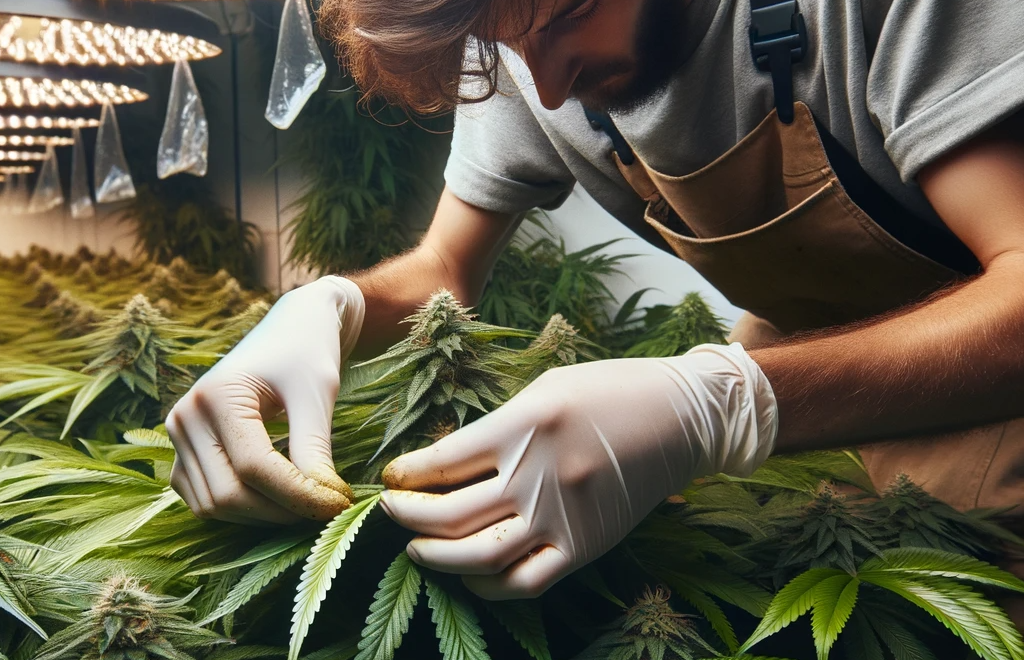 Cultivateur défoliant une plante de cannabis avec des feuilles et des bourgeons visibles.