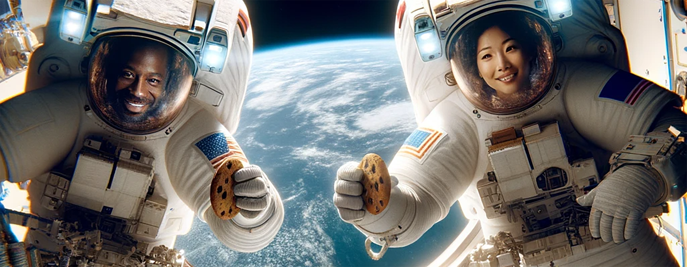 Deux astronautes tenant chacun un cookie en apesanteur dans une station spatiale