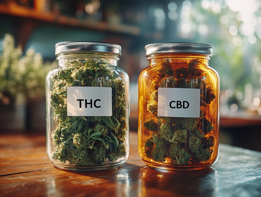Un bocal de fleurs THC et un bocal de fleurs CBD sur une table
