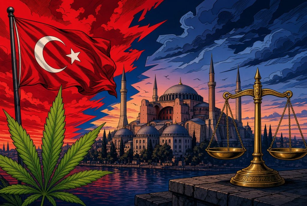 Cadre légal du cannabis en Turquie, illustration style manga coloré