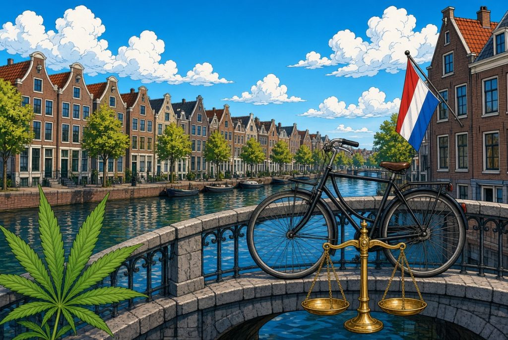 Législation du cannabis en Hollande, Amsterdam, illustration style manga coloré