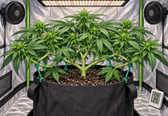Technique Low Stress Training sur un plant de cannabis, illustration style manga coloré