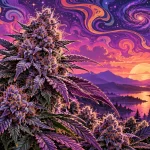 Plant de cannabis Purple Haze aux tetes violettes givrees devant un ciel psychedelique au coucher du soleil