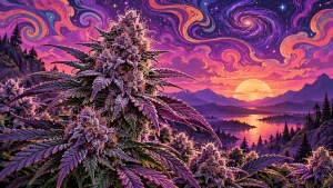 Plant de cannabis Purple Haze aux tetes violettes givrees devant un ciel psychedelique au coucher du soleil