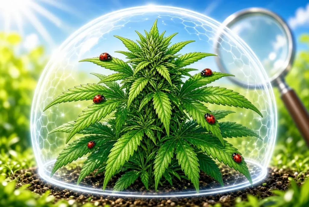 Cannabis résistant aux parasites et maladies, illustration style manga coloré