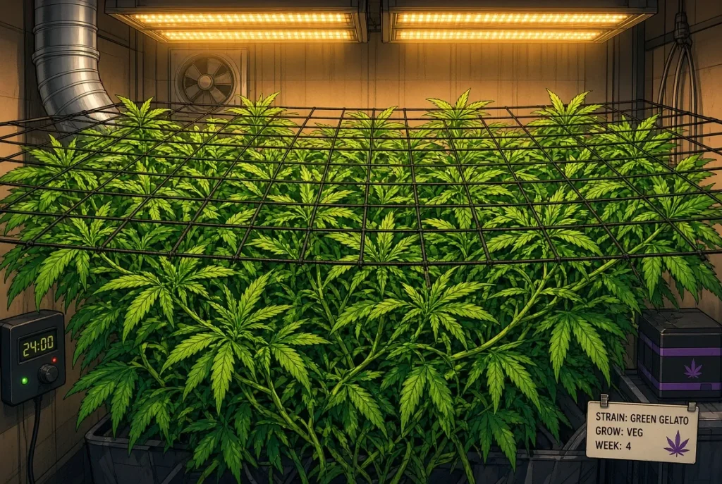 Palissage ScrOG du cannabis, illustration style manga coloré
