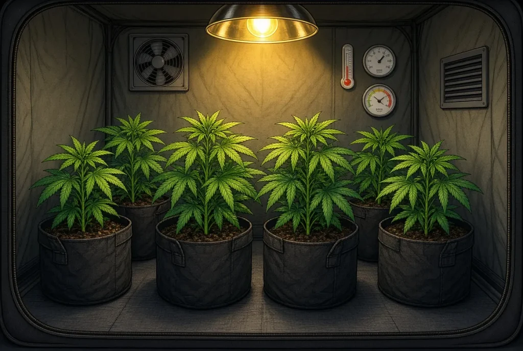 Température et humidité idéale pour cultiver le cannabis en intérieur, illustration style manga coloré
