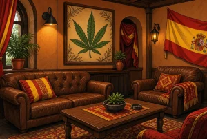 Cannabis Club social en Espagne, illustration style manga coloré