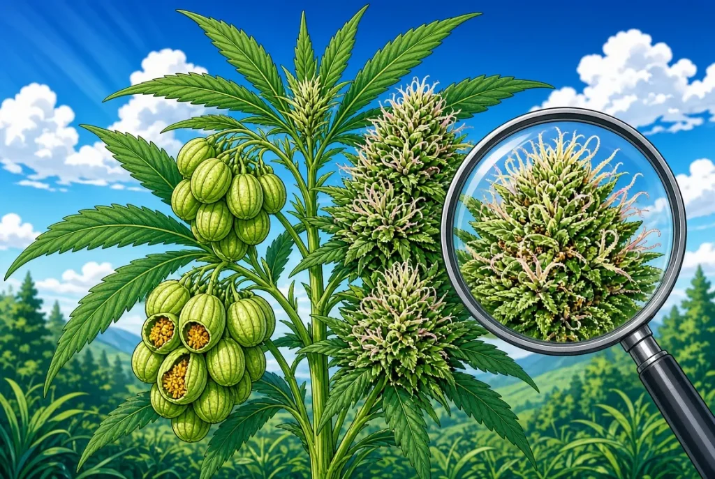 Plant de cannabis hermaphrodite, illustration style manga coloré