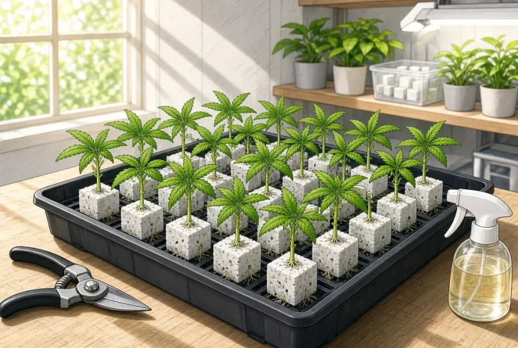 Bouturage du cannabis, boutures et clones, illustration style manga coloré
