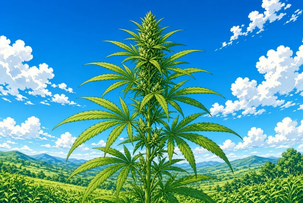 Plant de cannabis Sativa, illustration style manga coloré