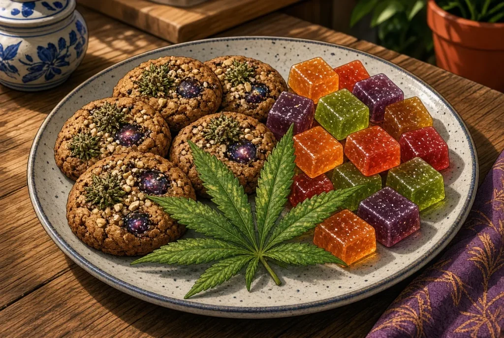 Manger du cannabis, edibles au cannabis, illustration style manga coloré