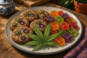 Manger du cannabis, edibles au cannabis, illustration style manga coloré