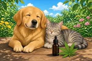 CBD pour les animaux, chien et chat, illustration style manga coloré