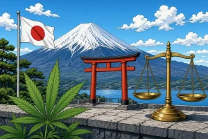 Réglementation du cannabis au Japon, illustration style manga coloré