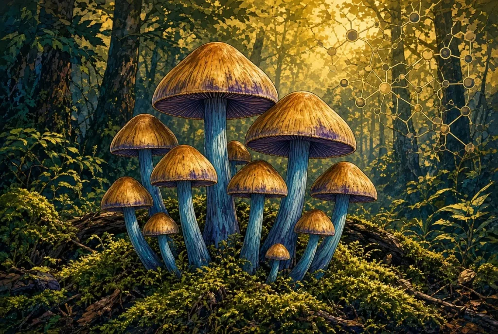 La psilocybine, champignons, illustration style manga coloré