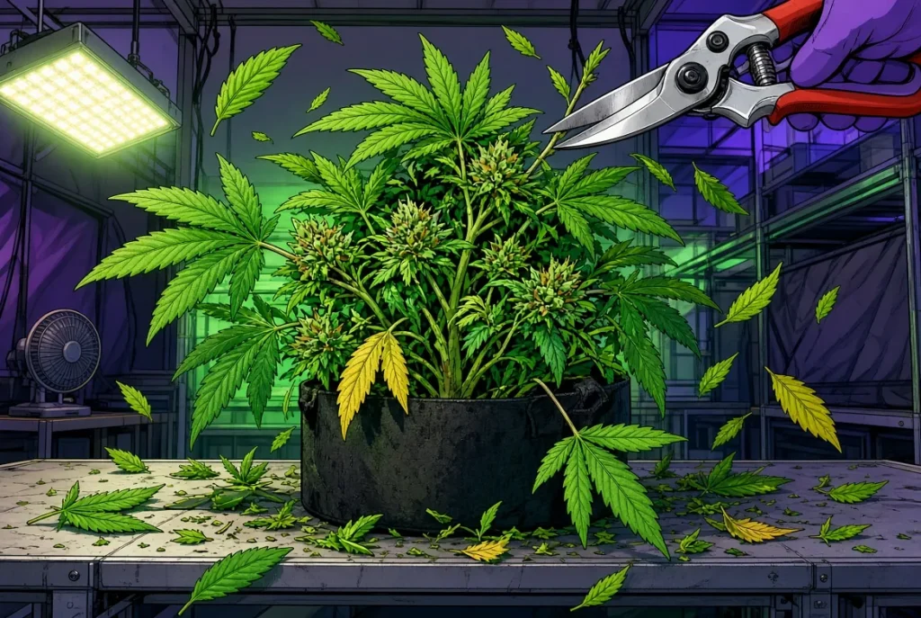 Défoliation des plants de cannabis, illustration style manga coloré