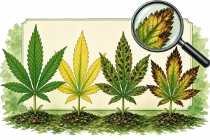 Analyser les feuilles de cannabis, diagnostic, illustration style manga coloré