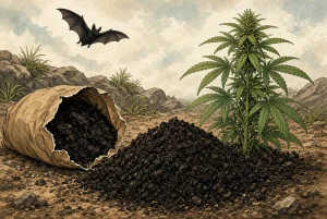 Le guano, engrais naturel pour le cannabis, illustration style manga coloré