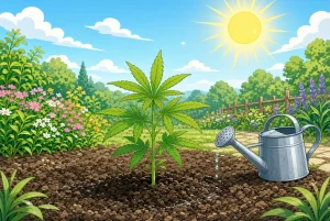 Quand planter des graines de cannabis en extérieur, illustration style manga coloré