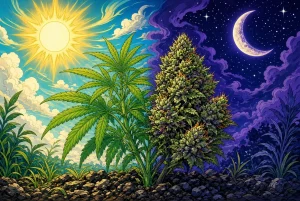 Quand passer le cannabis en floraison, illustration style manga coloré