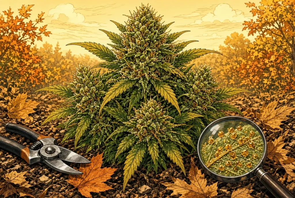 Quand récolter le cannabis, trichomes, illustration style manga coloré