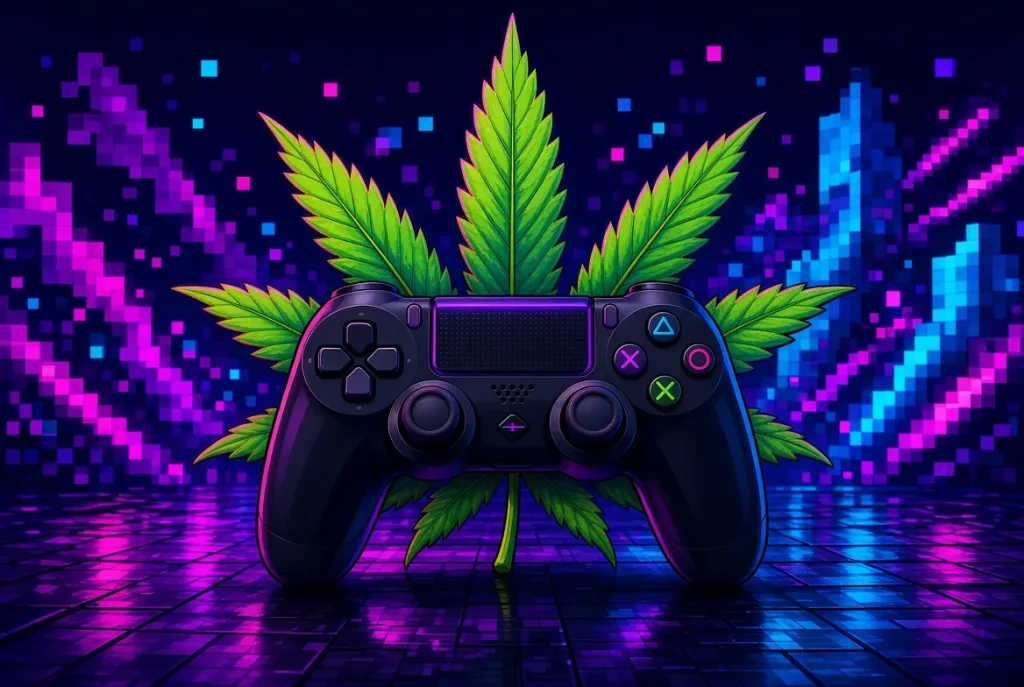 Le cannabis dans les jeux-vidéos, illustration style manga coloré