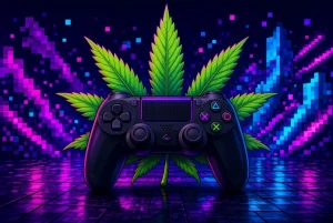 Le cannabis dans les jeux-vidéos, illustration style manga coloré