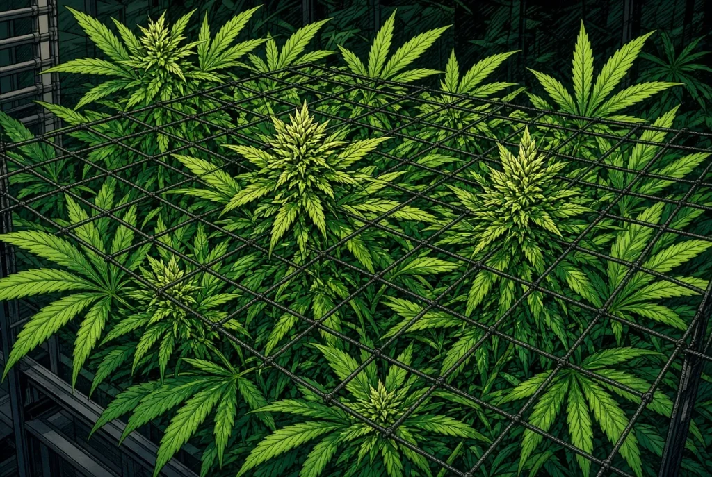 La technique SCROG en culture de cannabis, illustration style manga coloré