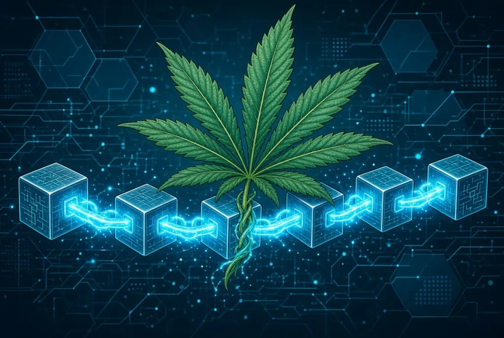 Le cannabis et la blockchain, illustration style manga coloré