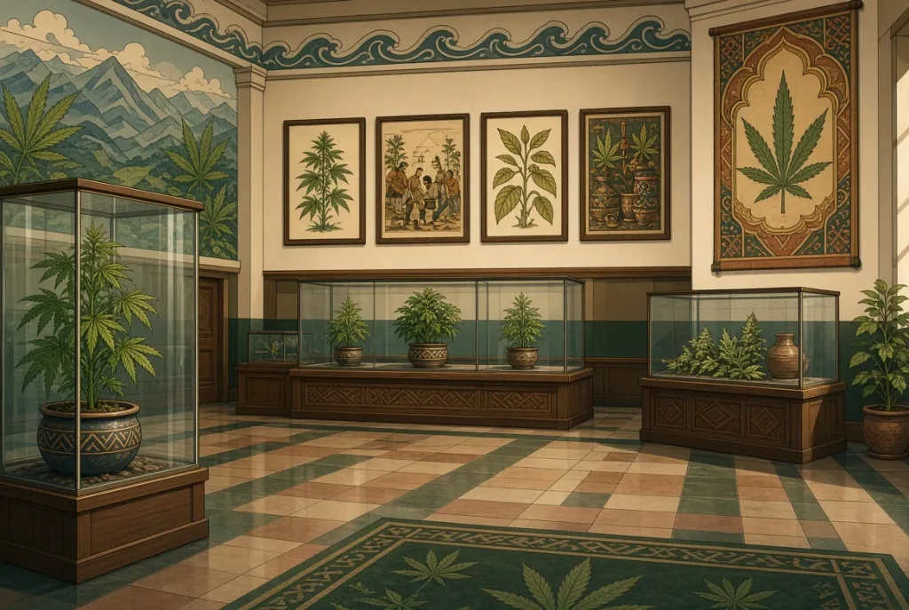 Le musée du cannabis à Amsterdam, illustration style manga coloré