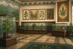Le musée du cannabis à Amsterdam, illustration style manga coloré