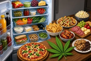 Pourquoi le cannabis donne faim, munchies, illustration style manga coloré