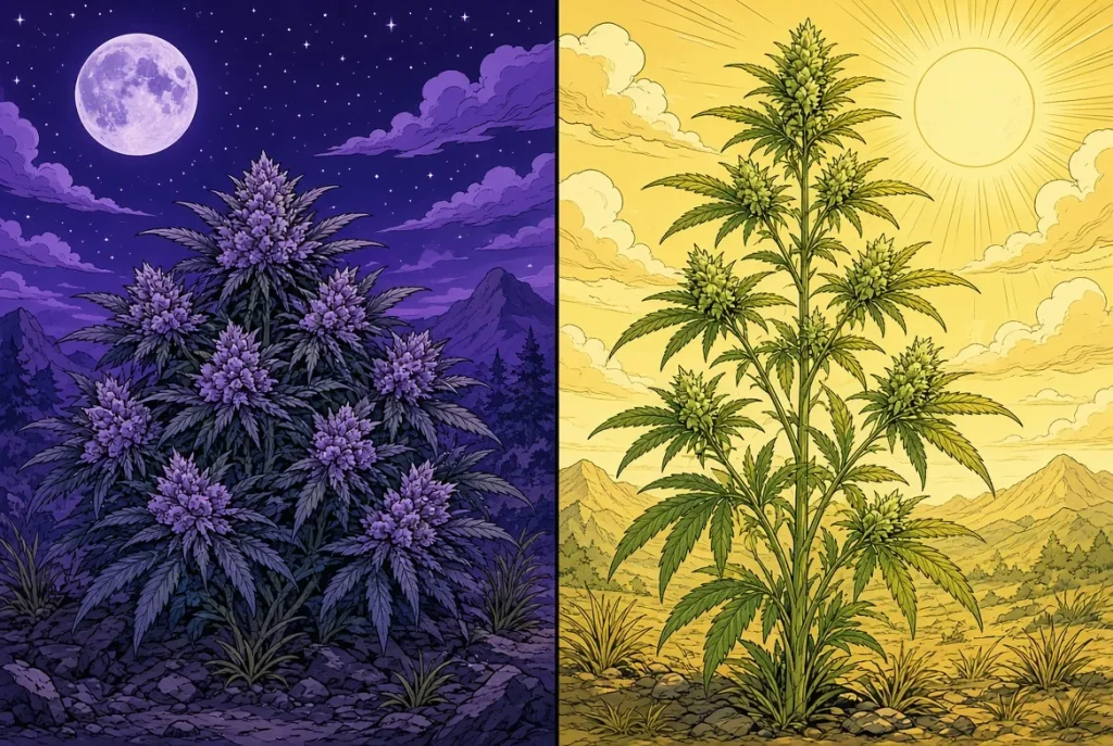 Indica vs Sativa, différences, illustration style manga coloré