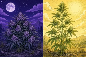 Indica vs Sativa, différences, illustration style manga coloré