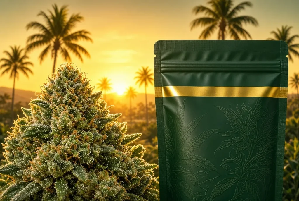 Têtes de cannabis givrées et sachet de weed californienne au coucher du soleil