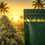 Têtes de cannabis givrées et sachet de weed californienne au coucher du soleil