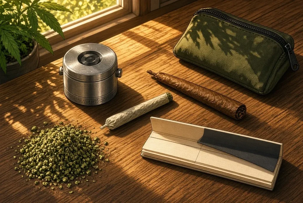Materiel pour rouler sur une table en bois : grinder, joint, blunt, feuilles a rouler, pochon et herbe broyee