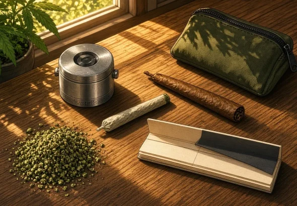 Materiel pour rouler sur une table en bois : grinder, joint, blunt, feuilles a rouler, pochon et herbe broyee