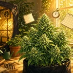 Plante de cannabis autofloraison compacte et givree en culture interieure avec tente et calendrier evoquant une recolte rapide