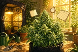 Plante de cannabis autofloraison compacte et givree en culture interieure avec tente et calendrier evoquant une recolte rapide