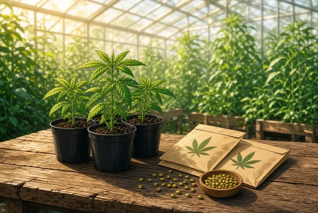 Jeunes plants et graines de cannabis feminisees, autofloraison et regulieres dans une serre