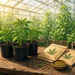 Jeunes plants et graines de cannabis feminisees, autofloraison et regulieres dans une serre